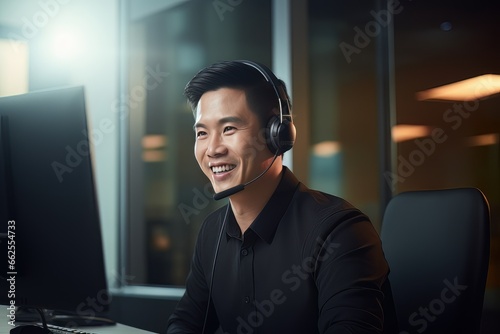 Portrait of a Handsome Asian Man, Customer Service Operator, Call Center Worker Talking Through Headset with Customer in Modern Office.