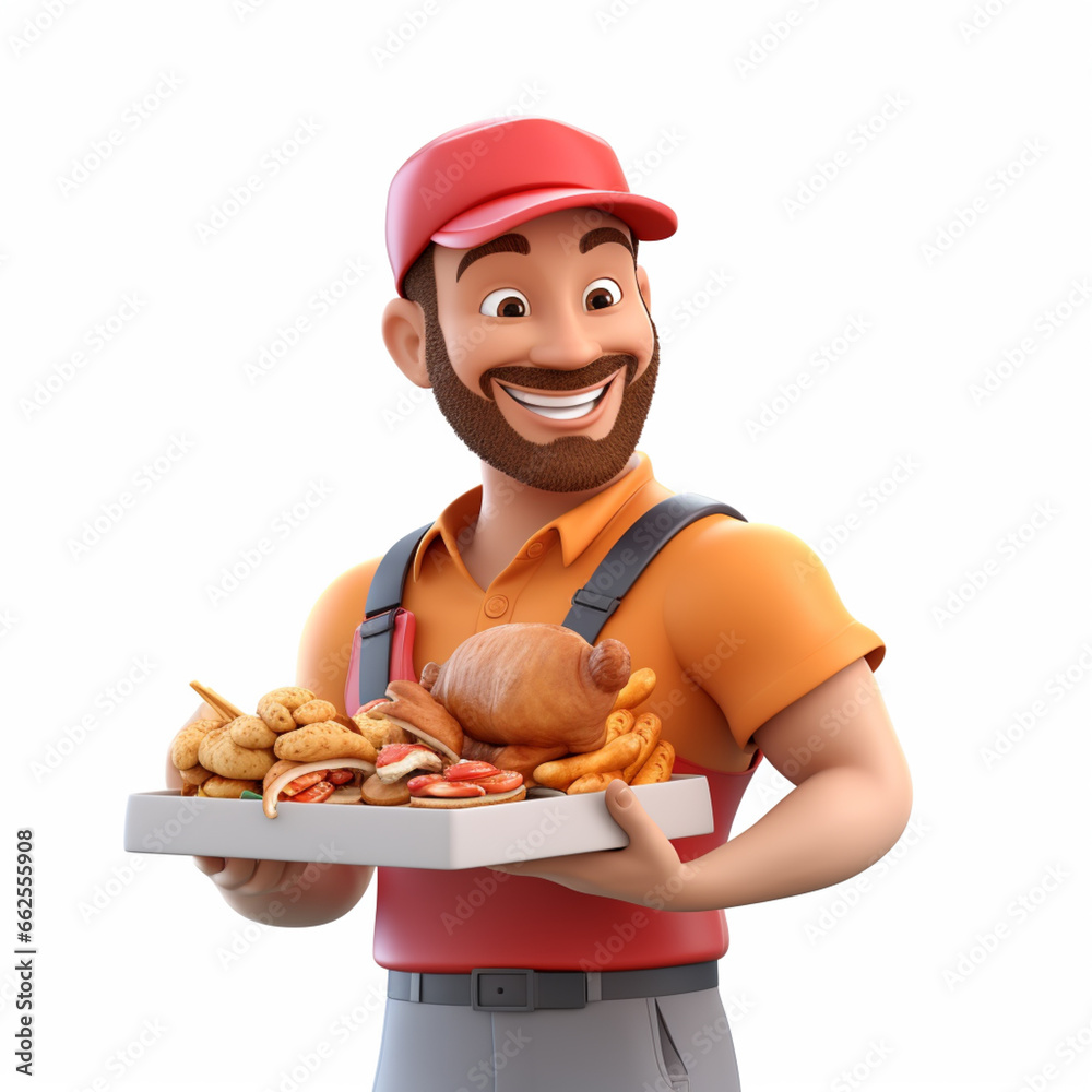3d rendering, man bringing food menu and grilled chicken 3d rendering, man bringing food menu and grilled chicken