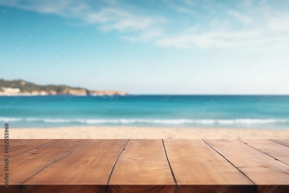 Wooden table with blurred beach and blue sky background