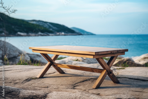 An empty wooden table near the beach with an ocean view