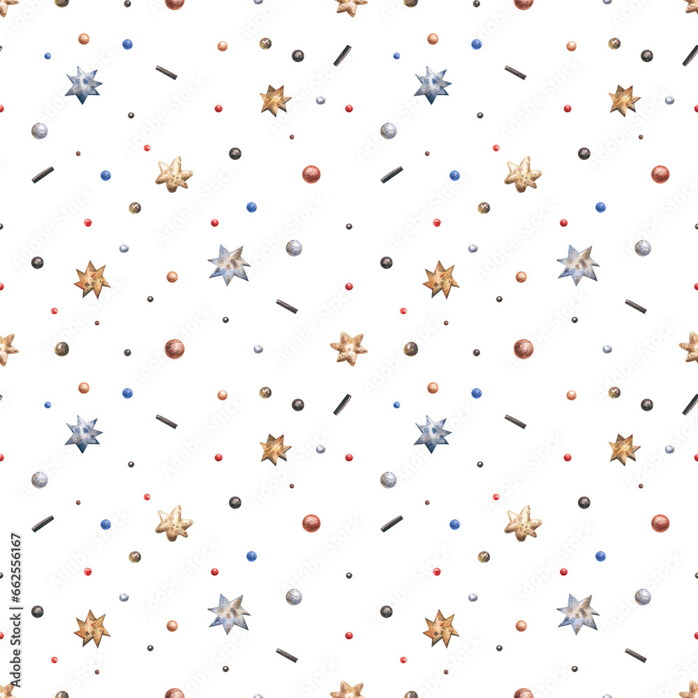 Watercolor seamless pattern with stars, tinsel, confetti on a white background. - obrazy, fototapety, plakaty 