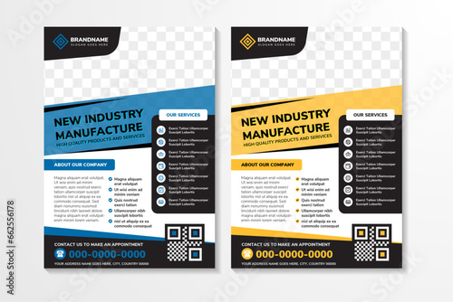 set of abstract flyer design template with example headline is new industry manufacture. Space of photo collage. Advertising banner with vertical layout. white background, yellow, blue, black elements