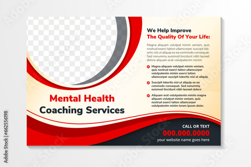 abstract flyer design template with example headline is mental health coaching services. Space of photo collage. Advertising banner with horizontal layout. brown background, red and black elements.