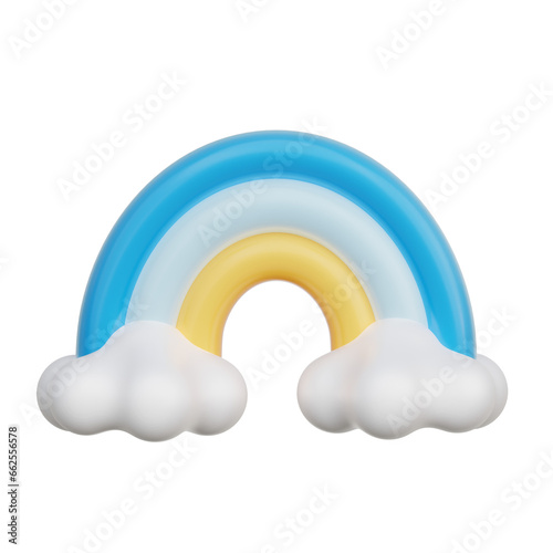 3D Rainbow with clouds, baby gender reveal, It's a boy, birthday party, 3d rendering.