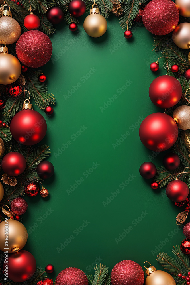 A festive Christmas wreath is decorated with a variety of red, gold, and green ornaments. The wreath is made of pine branches and has a green background.