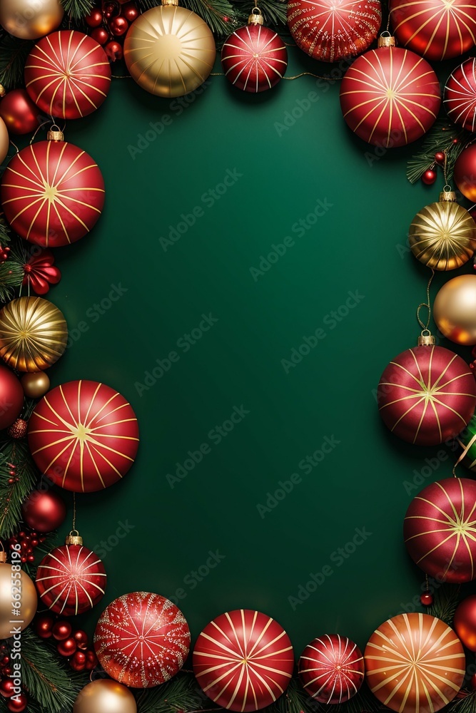 A festive Christmas wreath is decorated with a variety of red, gold, and green ornaments. The wreath is made of pine branches and has a green background. A festive Christmas wreath is decorated with a variety of red, gold, and green ornaments. The wreath is made of pine branches and has a green background.