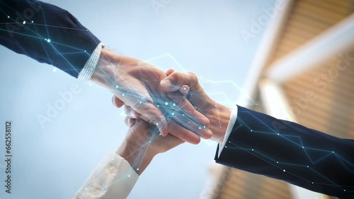 Hands of three business men and woman on top of each other form unit and decide cooperation. Concept People connected business deal partnership support teamwork, animation network