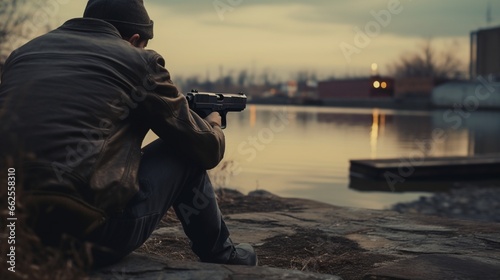 A man pulls out a gun rear view with blurred victim sitting beside river background, a concept of city crime social issue assassination. photo