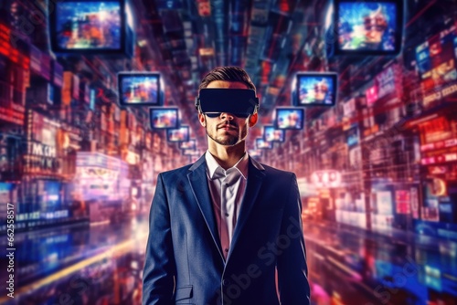 Businessman wearing virtual reality with digital big data transfer from brain to buzzy software showing futuristic technology generative AI image