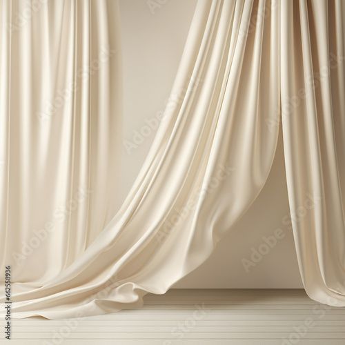 Empty curtains stage light on beige background texture. Mock up Product display with Generative Ai.