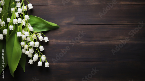  Lily of the Valley Flower on Wooden Background with Copy Space