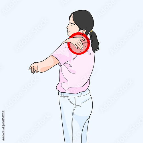 Woman suffering shoulder pain arm sprain injured