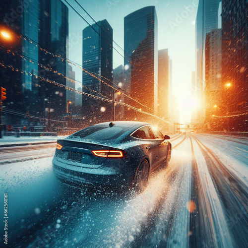 electric car ev go fast in winter time in the city , hoon, snows, fishtail, sunbeam, at sunset