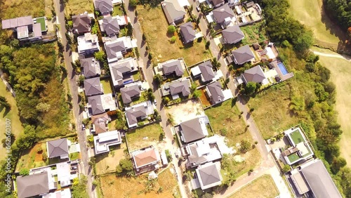 Golf Courses and elite housing. Drone video of a very wide golf course landscape surrounding the elite housing complex, Bojong Koneng - Bandung, Indonesia. Aerial Footage 4k Resolution photo