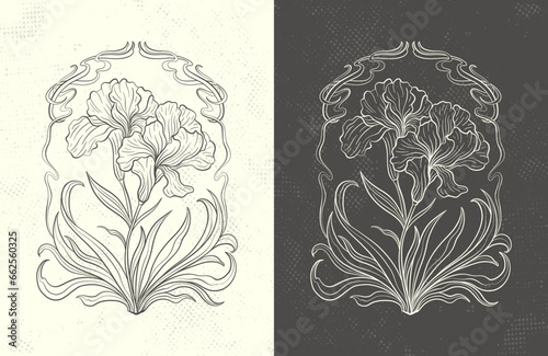 Frame with a iris flower in the style of Art Nouveau. Beautiful iris vintage floral composition 1920-1930 years.