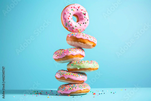 Colorful donuts on a blue background. Generative AI