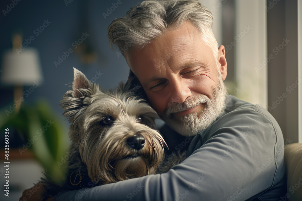 Mature gray-haired man with pet dog at home Mature gray-haired man with pet dog at home
