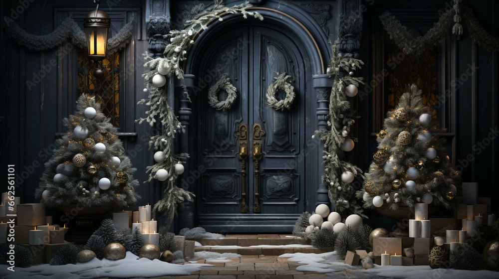 Christmas New Year holiday beautiful winter decorations of the entrance doors to the house, background