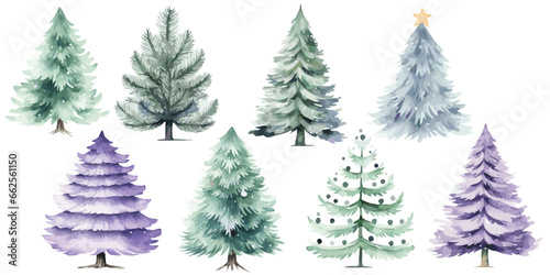 set of Christmas trees mint green and purple watercolor vectors
