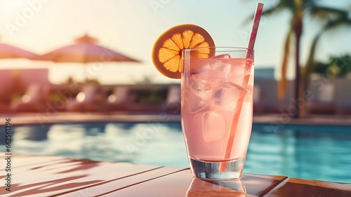 Colorful pink cocktail with orange basking in the sun by the pool on a bright day