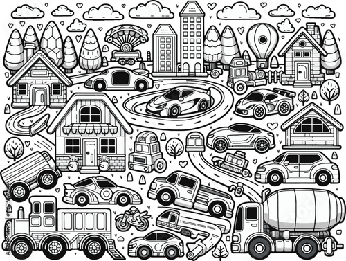 This illustration presents black and white outlines of toy vehicle models, including Dodge, creatively placed among playful, imaginative buildings. It is provided in vector format (Illustrator ESP)