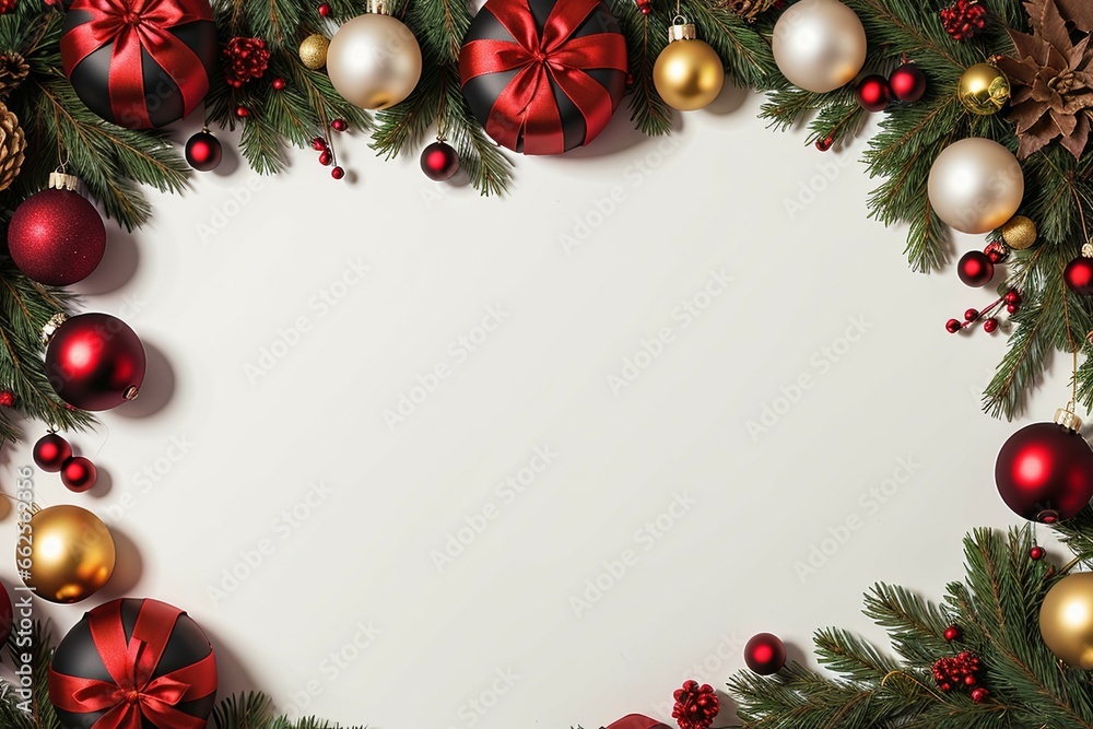 A beautiful red and gold Christmas wreath is adorned with white flowers and green pine branches, set against a pure white background.
