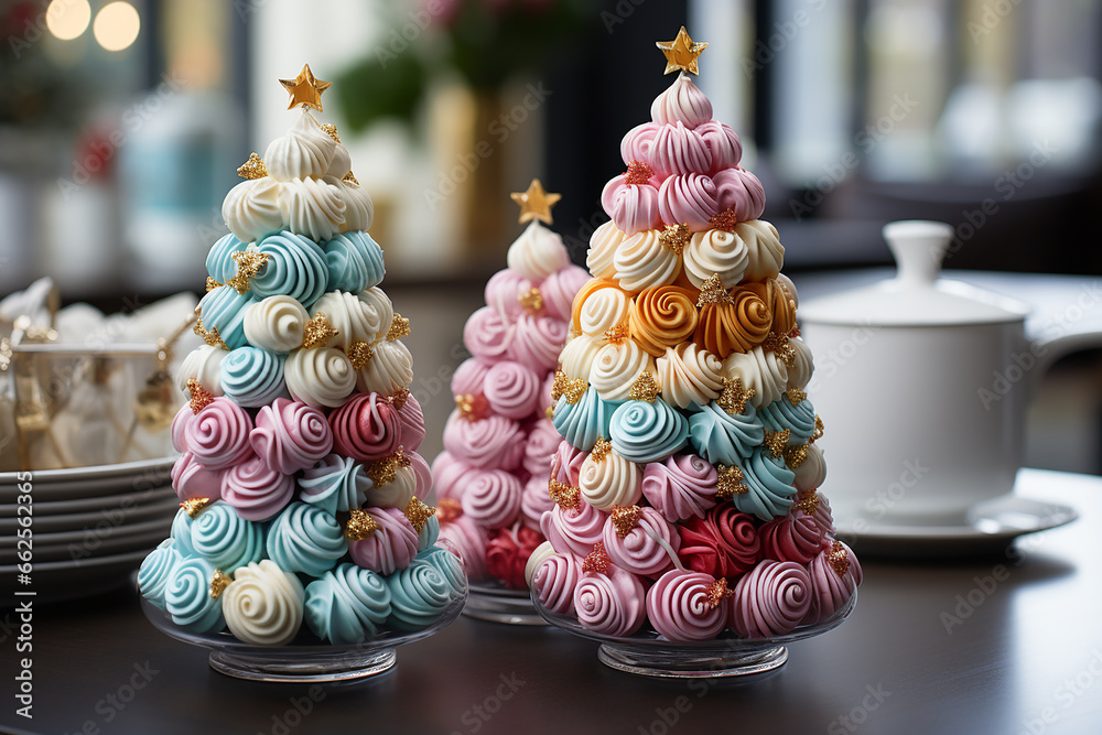 Christmas decoration of the festive table, marshmallows and bizet in the shape of a Christmas tree