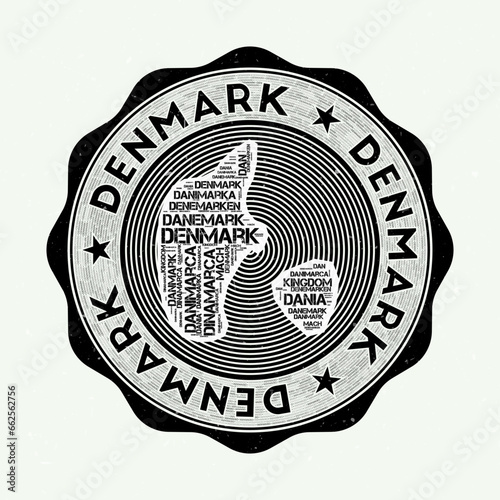 Denmark seal. Country round logo with shape of Denmark and country name in multiple languages word cloud. Awesome emblem. Artistic vector illustration.