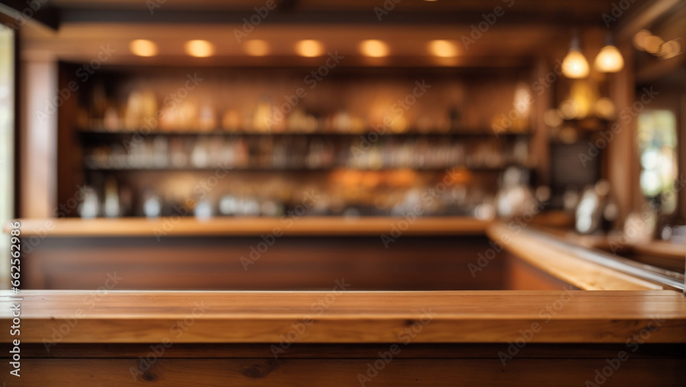 Empty wooden bar counter with defocused background.