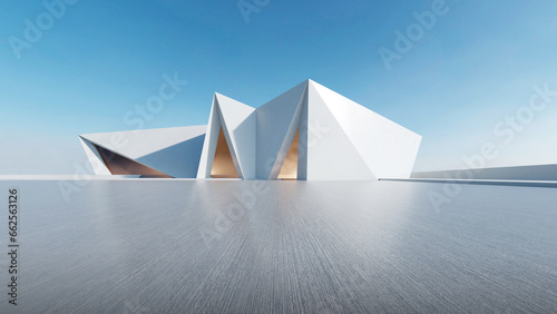 3d render of abstract futuristic architecture with empty concrete floor. Scene for car presentation.