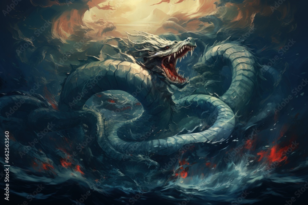 Gigantic sea serpents slithering through treacherous waters - Generative AI