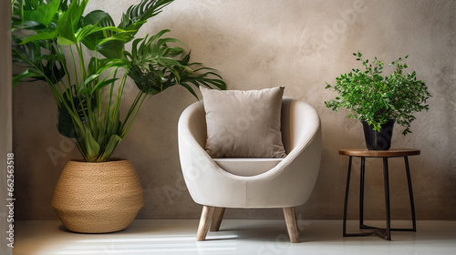 Cozy barrel chair between green houseplants near 