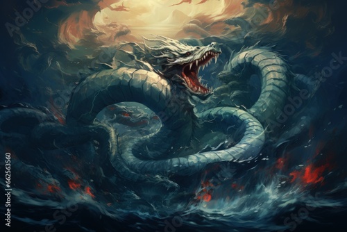 Gigantic sea serpents slithering through treacherous waters - Generative AI photo