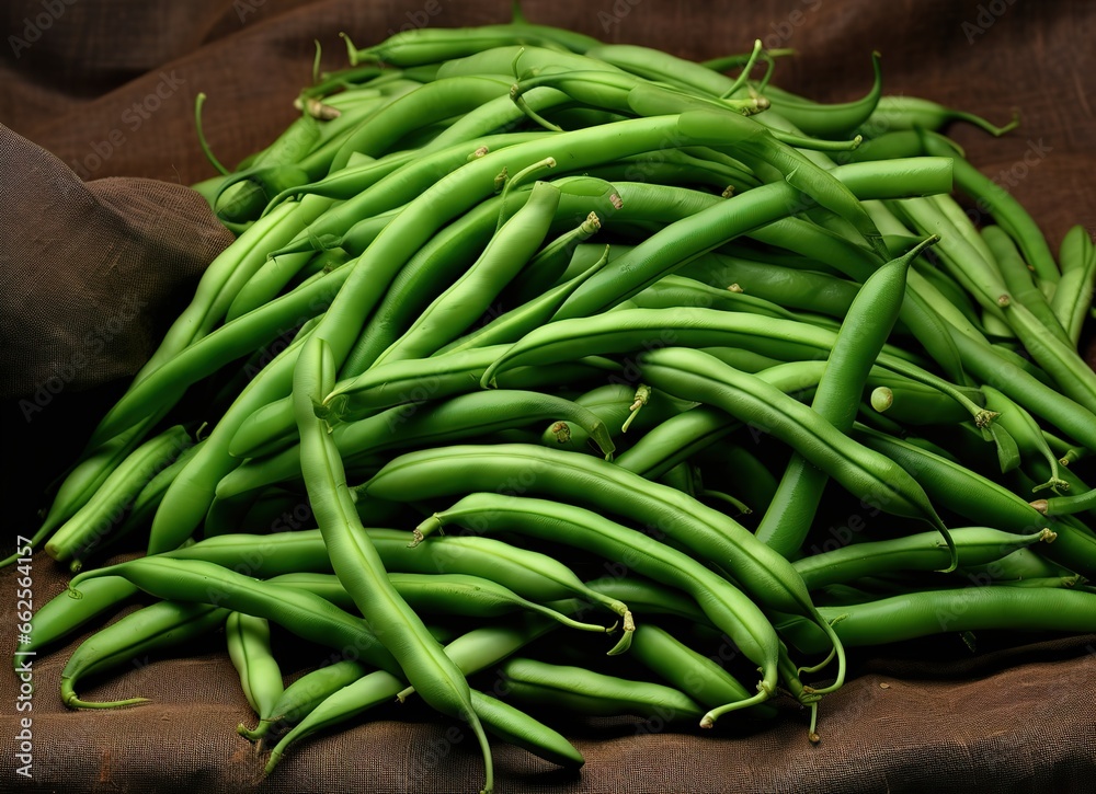 green beans on a brown cloth, in the style of photorealistic pastiche, multi-layered, flattering lighting, yankeecore, nabis, organic, generative ai. green beans on a brown cloth, in the style of photorealistic pastiche, multi-layered, flattering lighting, yankeecore, nabis, organic, generative ai.