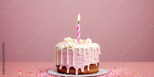 pink cake with a pink background, on top of the cake there are 1 candles, generative ai