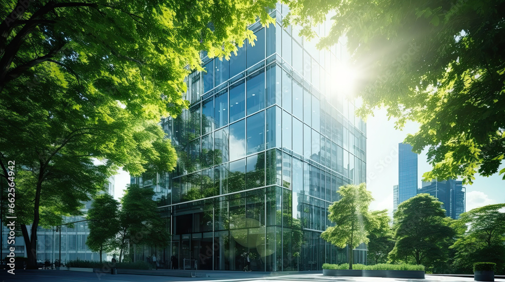 Modern office building with green leaves. Bottom view of modern office building with green leaves - obrazy, fototapety, plakaty 