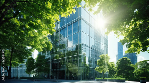 Modern office building with green leaves. Bottom view of modern office building with green leaves