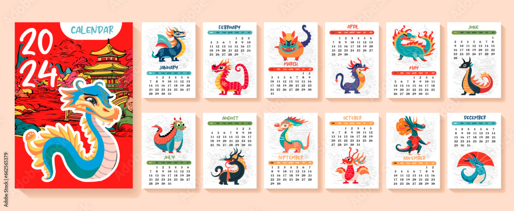 Dragon, white dragon calendar or A4 planner for 2024 with cartoon chinese simbol, New Year symbol, cute hieroglyphs - cover and 12 monthly pages. Week starts on Sunday, vector printable template. Dragon, white dragon calendar or A4 planner for 2024 with cartoon chinese simbol, New Year symbol, cute hieroglyphs - cover and 12 monthly pages. Week starts on Sunday, vector printable template.