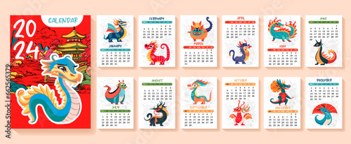 Dragon, white dragon calendar or A4 planner for 2024 with cartoon chinese simbol, New Year symbol, cute hieroglyphs - cover and 12 monthly pages. Week starts on Sunday, vector printable template.