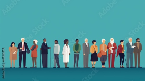 Equal opportunity employment. Line of diverse candidates, including elderly, immigrants and handicapped, standing under a magnifying glass of a hiring manager, EPS 8 vector illustration