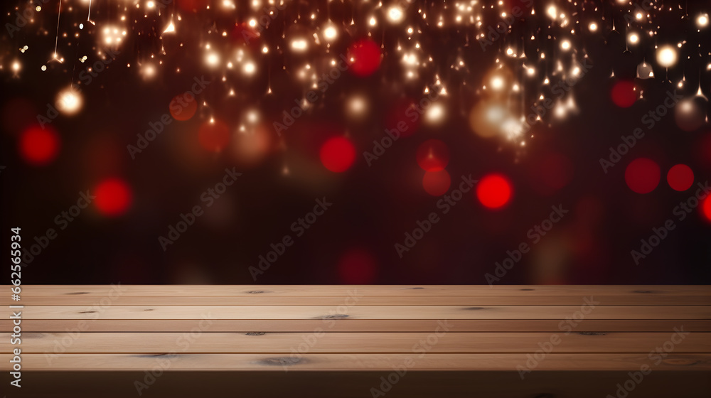 3D render merry christmas xmas Empty wooden table blur light red golden stars bokeh twinkling abstract sparkler background. de-focused wallpaper for template. presentation. copy text space. - obrazy, fototapety, plakaty 