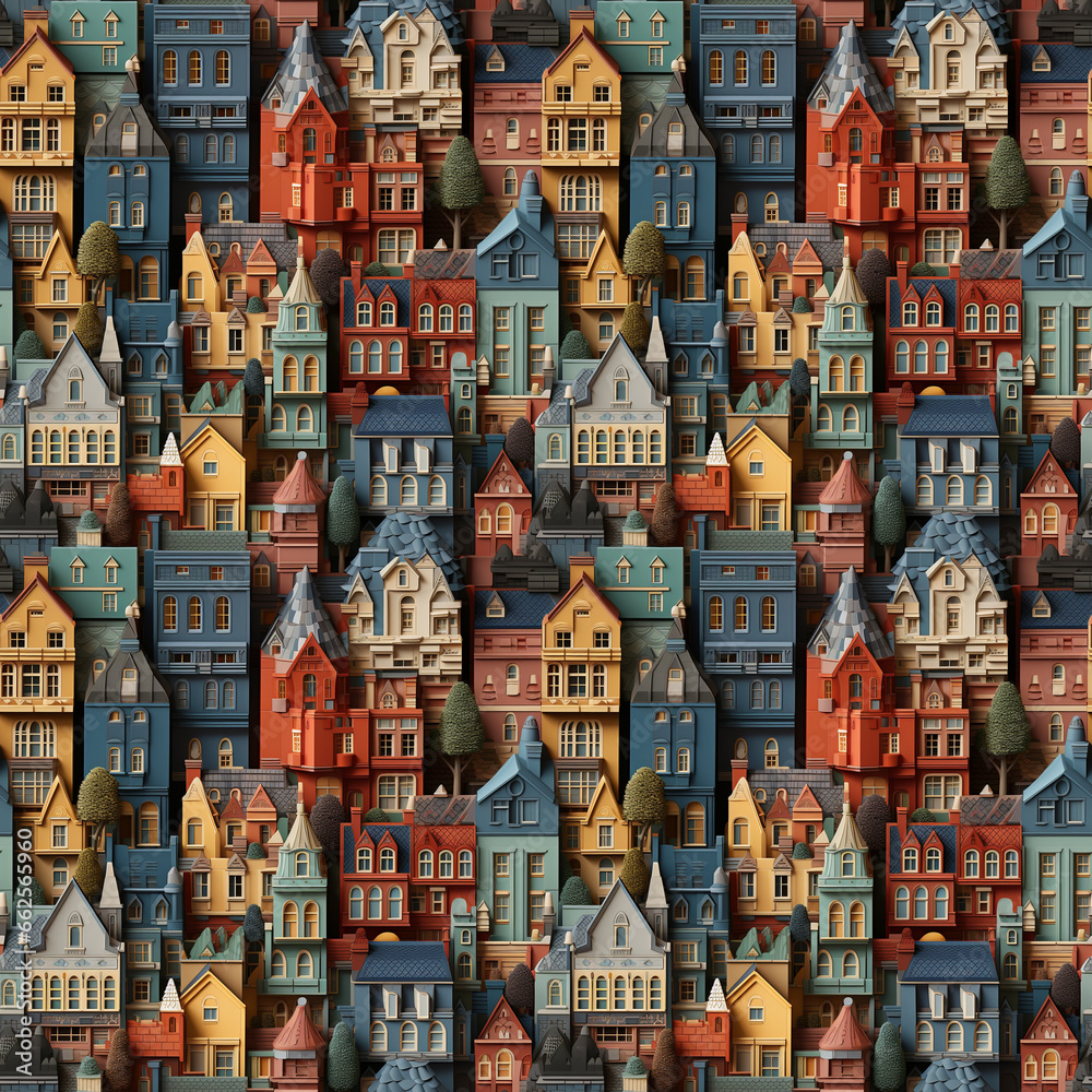 seamless pattern of cute colorful architecture of an old european town. colorful houses