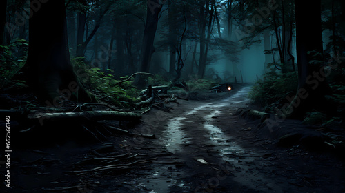 lonely road in spooky forest at night