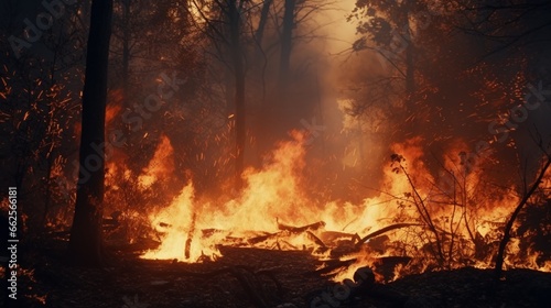 Fire burning through a woodland.