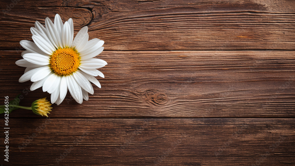 Obraz premium Daisy Flower on Wood Background with Copy Space