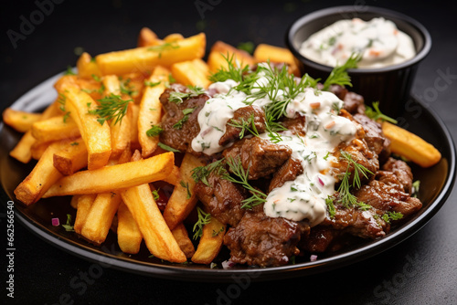 Street food of french fries with beef stew and mayo photo