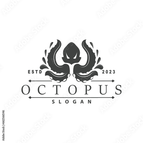 Octopus Logo, Old Retro Vintage Design Ocean Animal Vector Tentacle Illustration Template