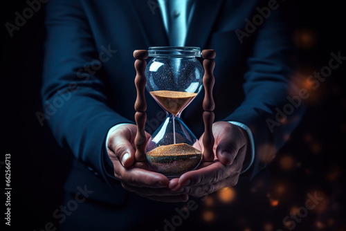 Close up of businessman holding hourglass with sand. Time concept.