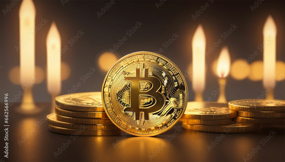 Gold coin with bitcoin symbol on candlestick chart background, dark ...