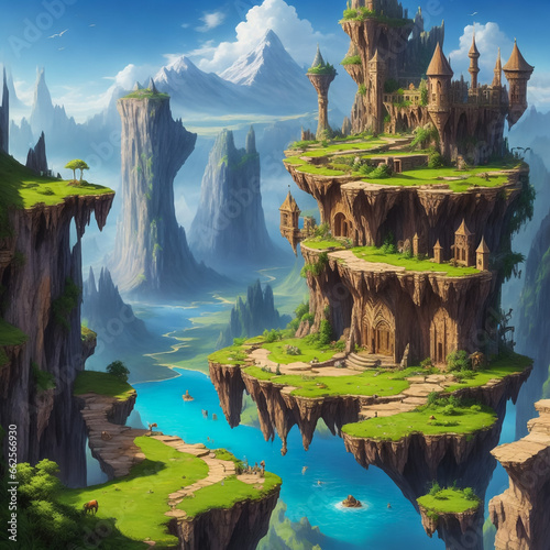 A fantasy landscape with huge mountains.